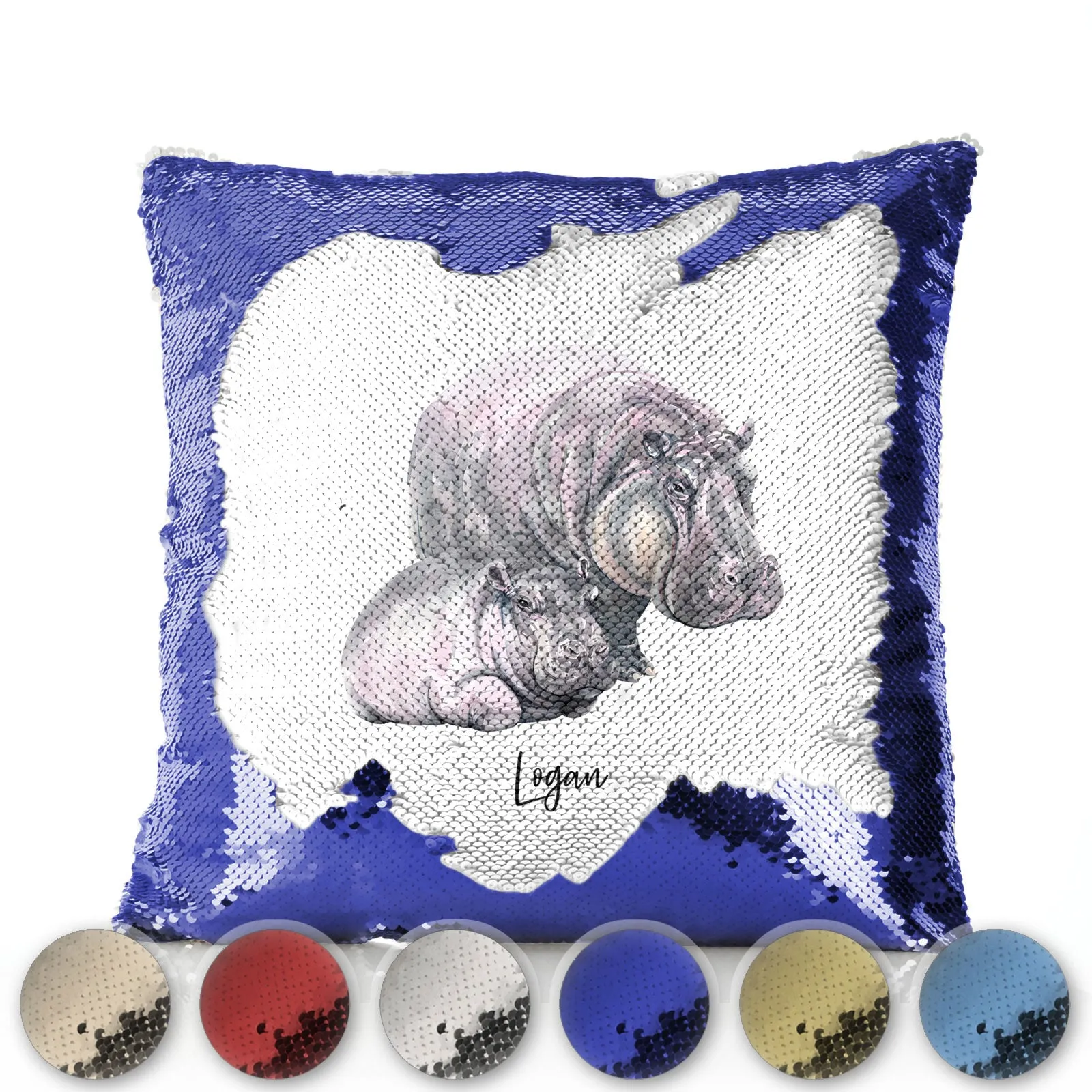 Personalised Sequin Cushion with Welcoming Text and Relaxing Mum and Baby Hippos