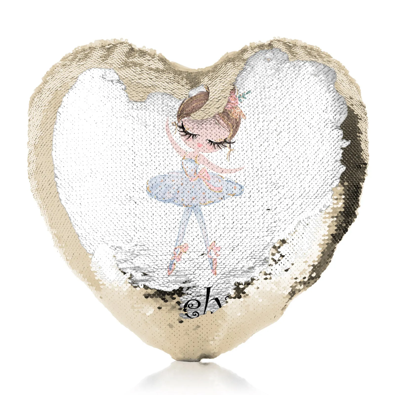 Personalised Sequin Heart Cushion with Cute Text and Light Brown Hair White Dress Ballerina