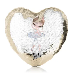 Personalised Sequin Heart Cushion with Cute Text and Light Brown Hair White Dress Ballerina