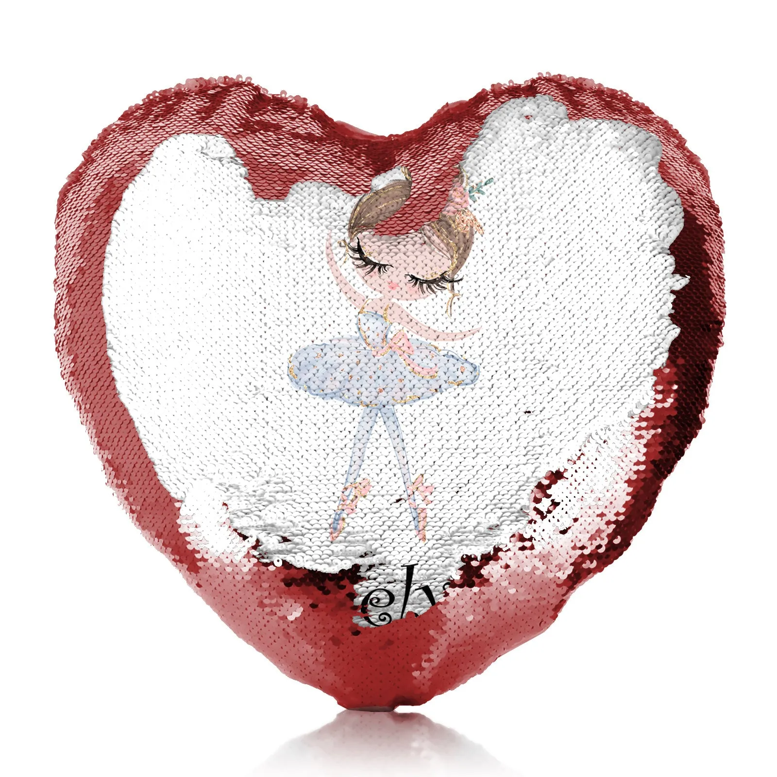 Personalised Sequin Heart Cushion with Cute Text and Light Brown Hair White Dress Ballerina