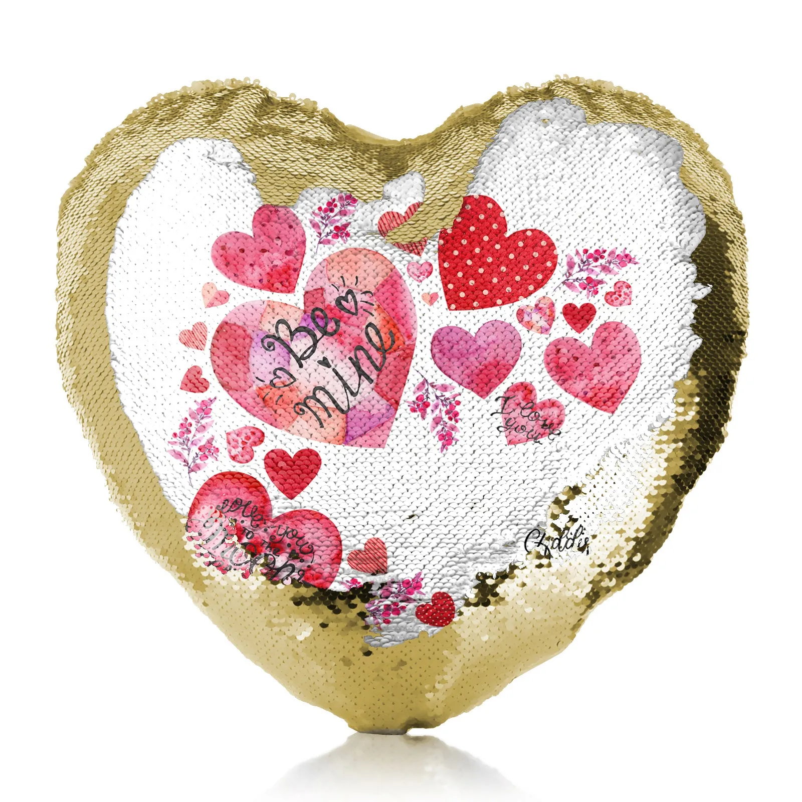 Personalised Sequin Heart Cushion with Stylish Text and Material Hearts Love Message Print