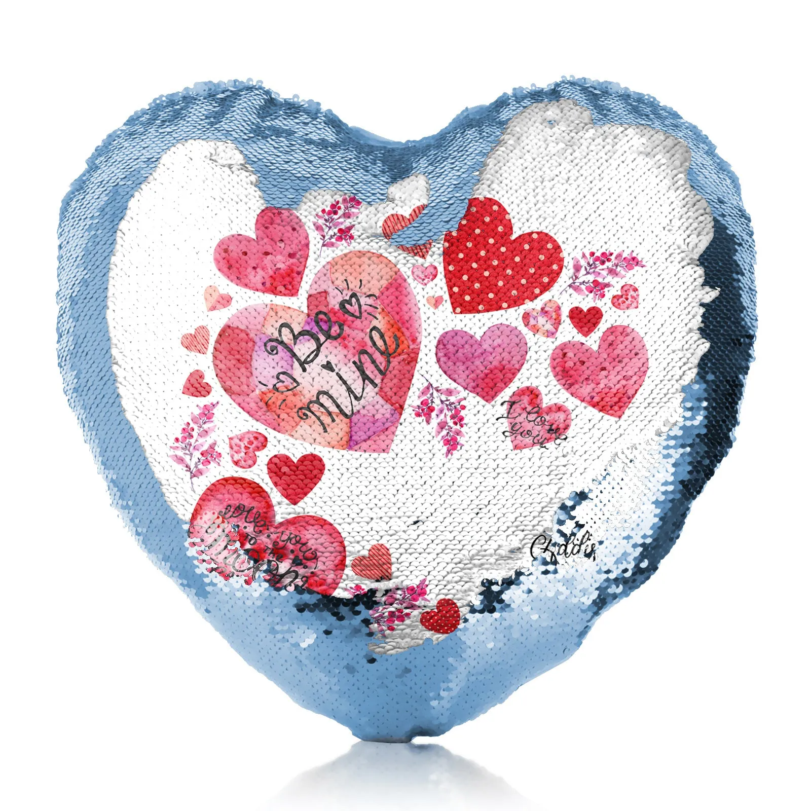 Personalised Sequin Heart Cushion with Stylish Text and Material Hearts Love Message Print