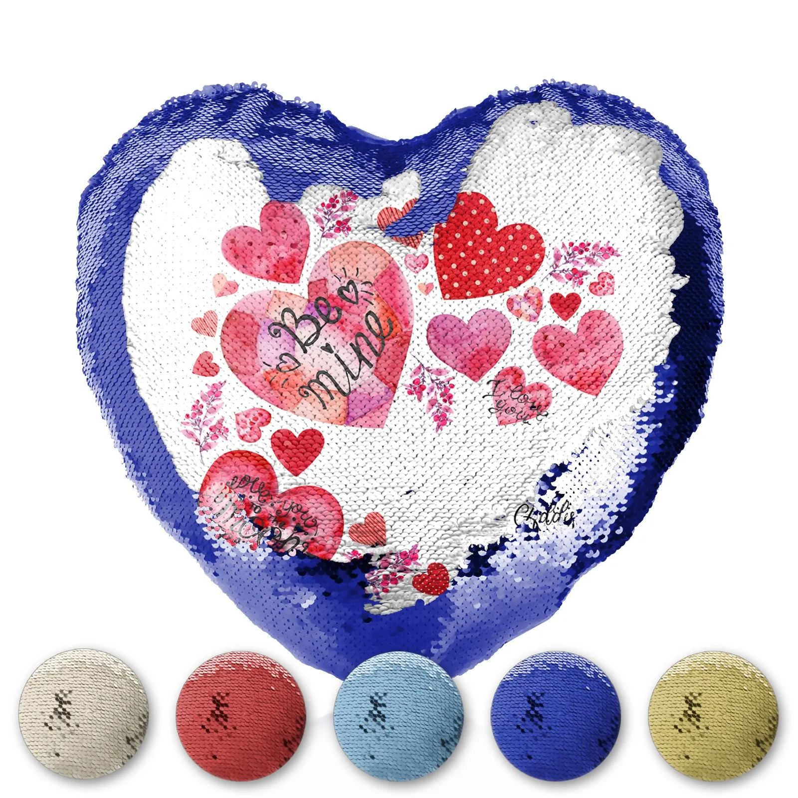 Personalised Sequin Heart Cushion with Stylish Text and Material Hearts Love Message Print