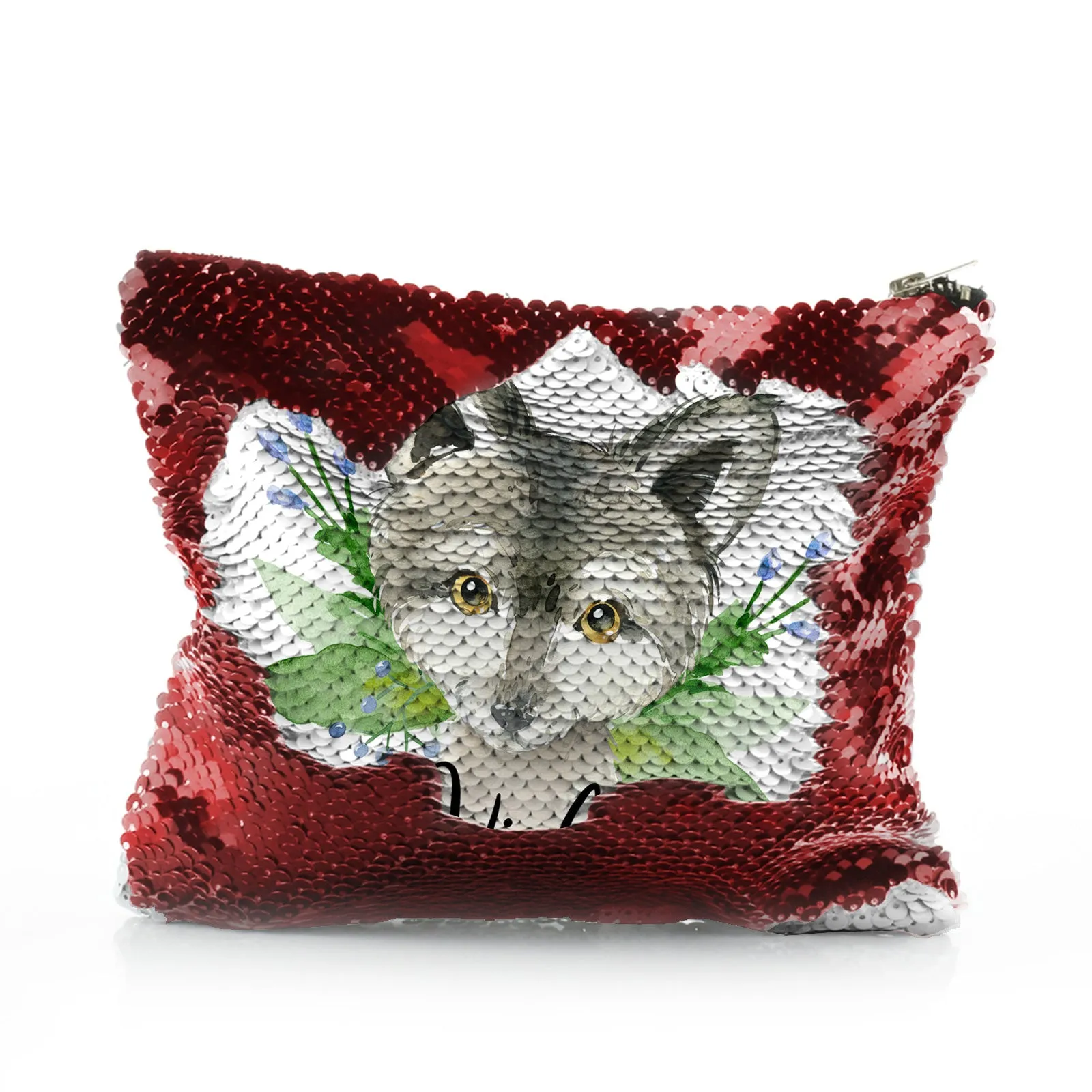 Personalised Sequin Zip Bag with Grey Wolf Blue Flowers and Cute Text