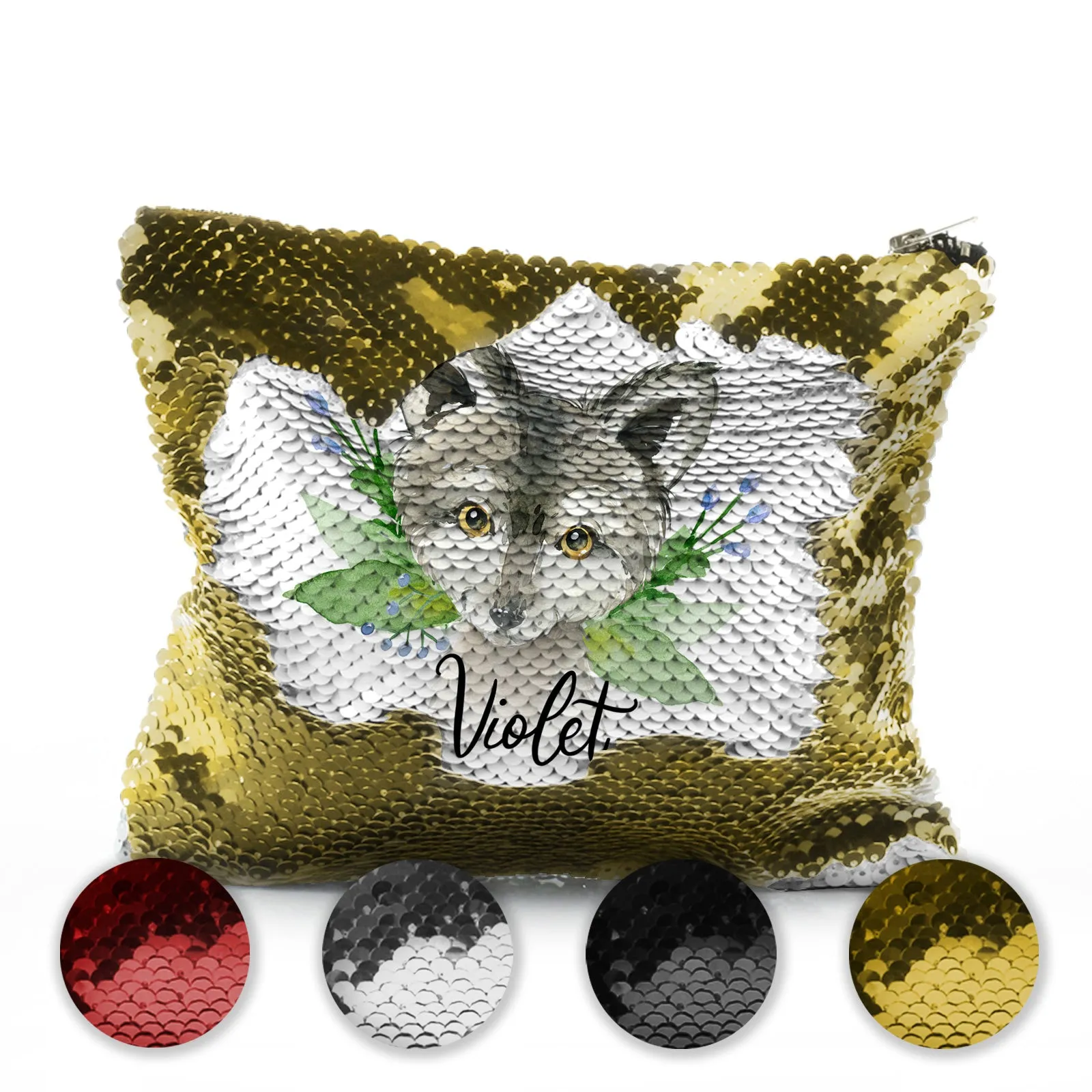 Personalised Sequin Zip Bag with Grey Wolf Blue Flowers and Cute Text