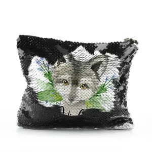 Personalised Sequin Zip Bag with Grey Wolf Blue Flowers and Cute Text