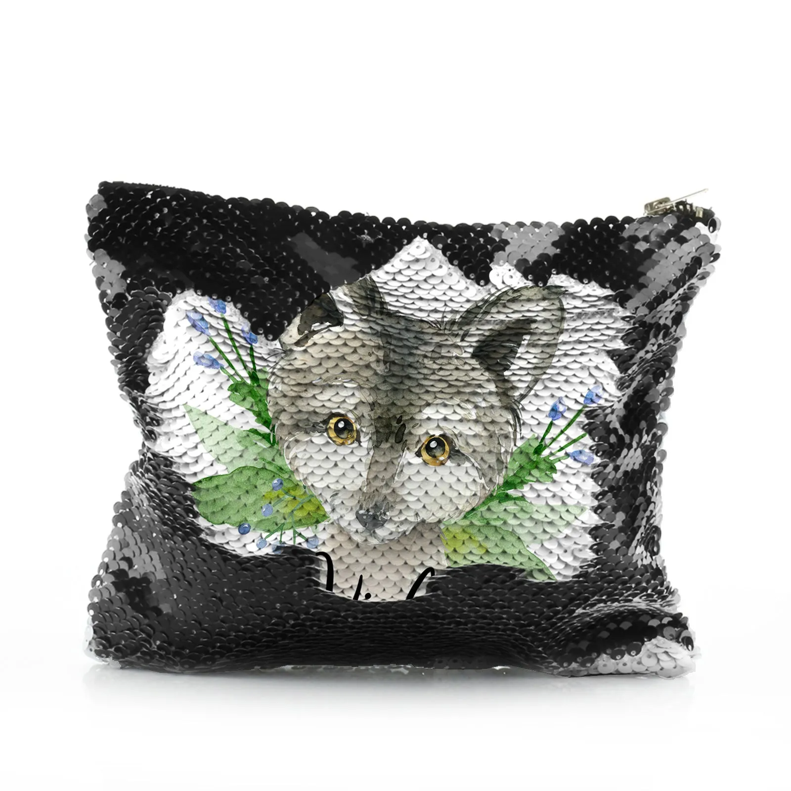 Personalised Sequin Zip Bag with Grey Wolf Blue Flowers and Cute Text