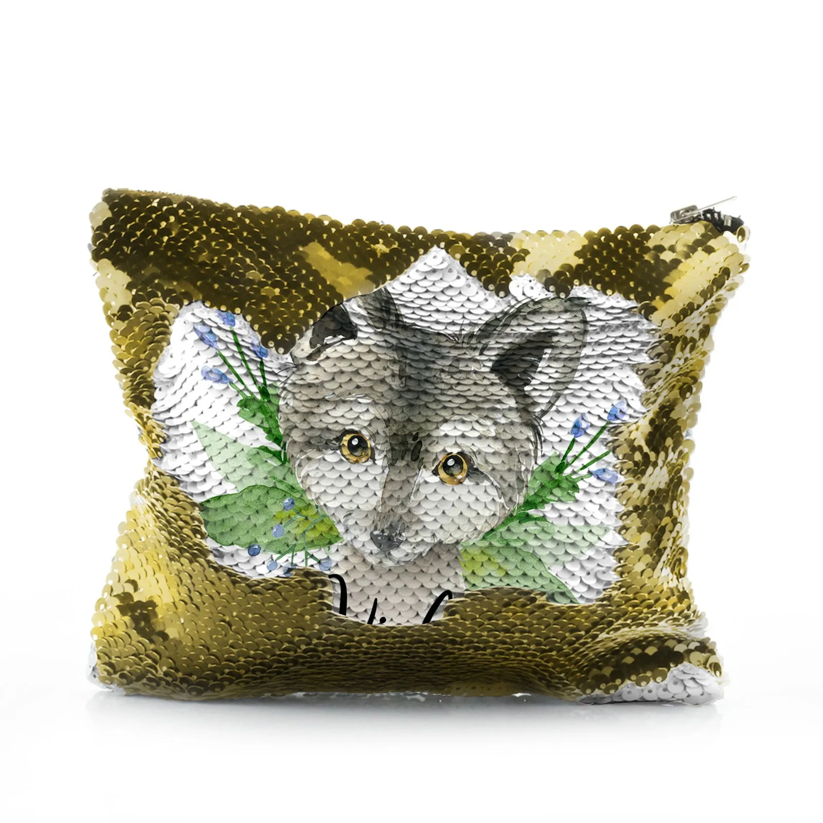 Personalised Sequin Zip Bag with Grey Wolf Blue Flowers and Cute Text