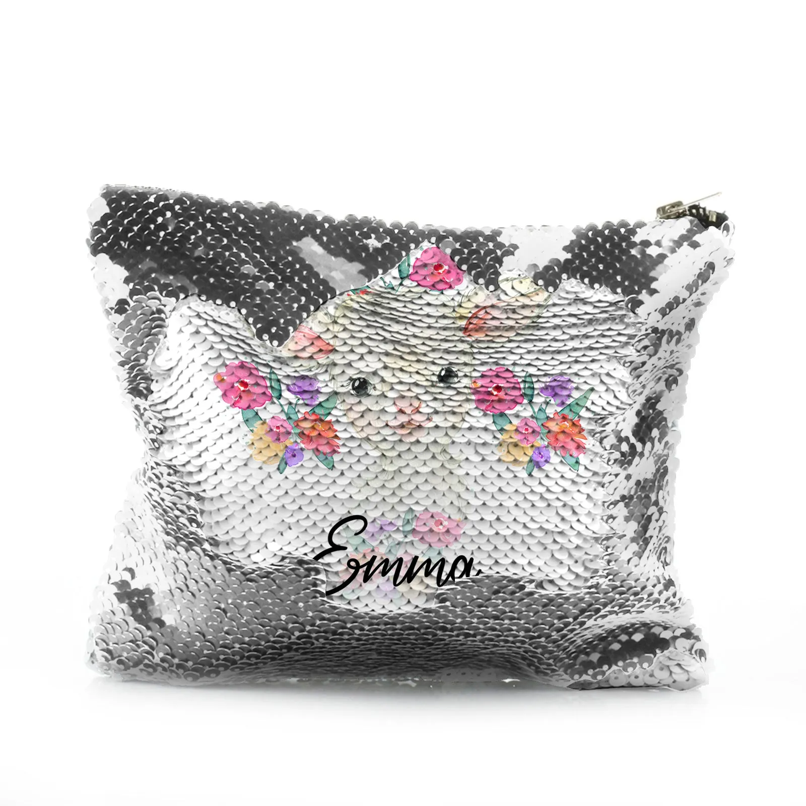 Personalised Sequin Zip Bag with White Lamb Flowers and Cute Text