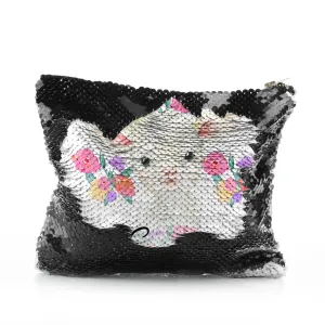 Personalised Sequin Zip Bag with White Lamb Flowers and Cute Text