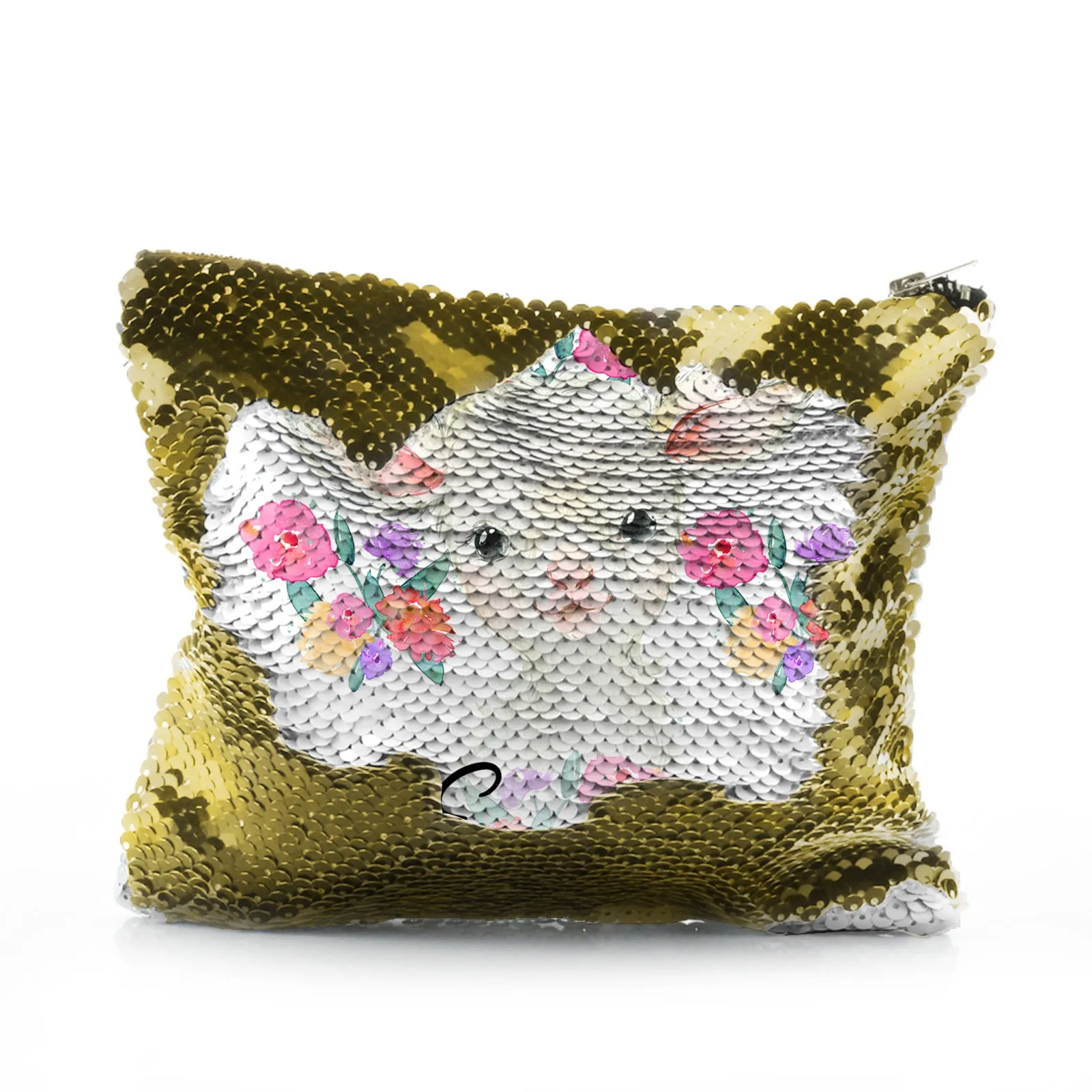 Personalised Sequin Zip Bag with White Lamb Flowers and Cute Text