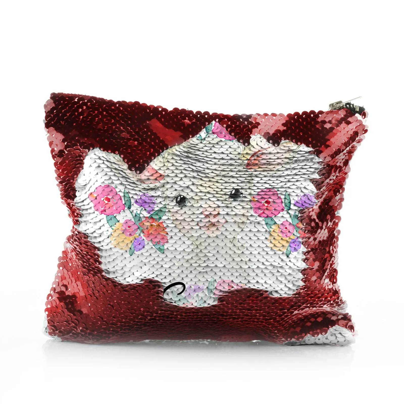 Personalised Sequin Zip Bag with White Lamb Flowers and Cute Text