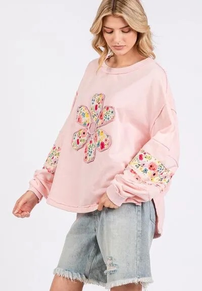 Pink Daisy Patch Applique Long Sleeve Sweatshirt