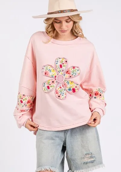 Pink Daisy Patch Applique Long Sleeve Sweatshirt