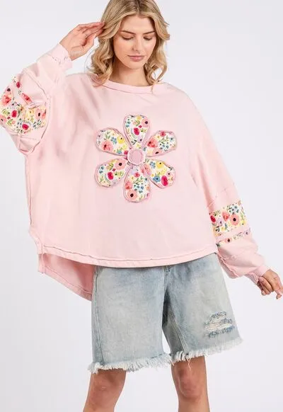 Pink Daisy Patch Applique Long Sleeve Sweatshirt