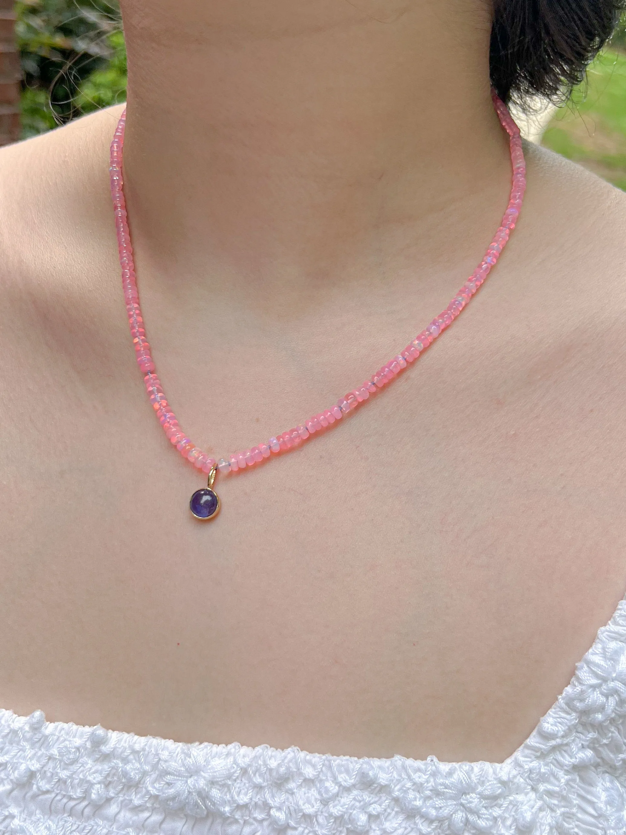 Pink Opal Necklace with Tanzanite Pendant