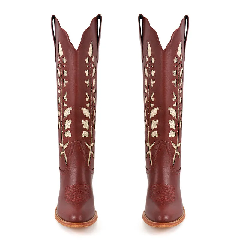 Pointed Toe Embroidery Chunky Heel Fashion Western Boots