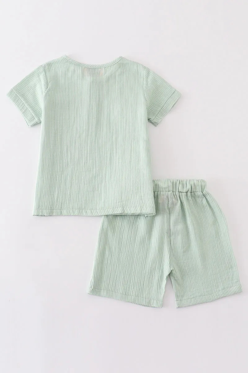 Premium Sage Muslin Stripe Boy Shorts Set
