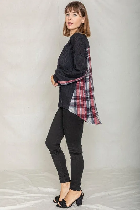 Pretty Little Plaid Back Waffle Knit  Cardigan