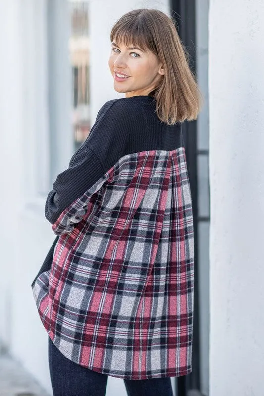 Pretty Little Plaid Back Waffle Knit  Cardigan