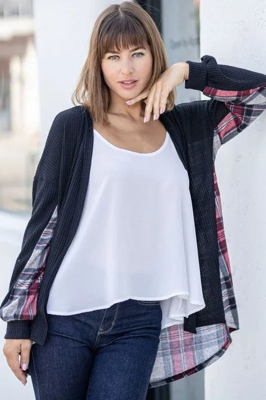 Pretty Little Plaid Back Waffle Knit  Cardigan