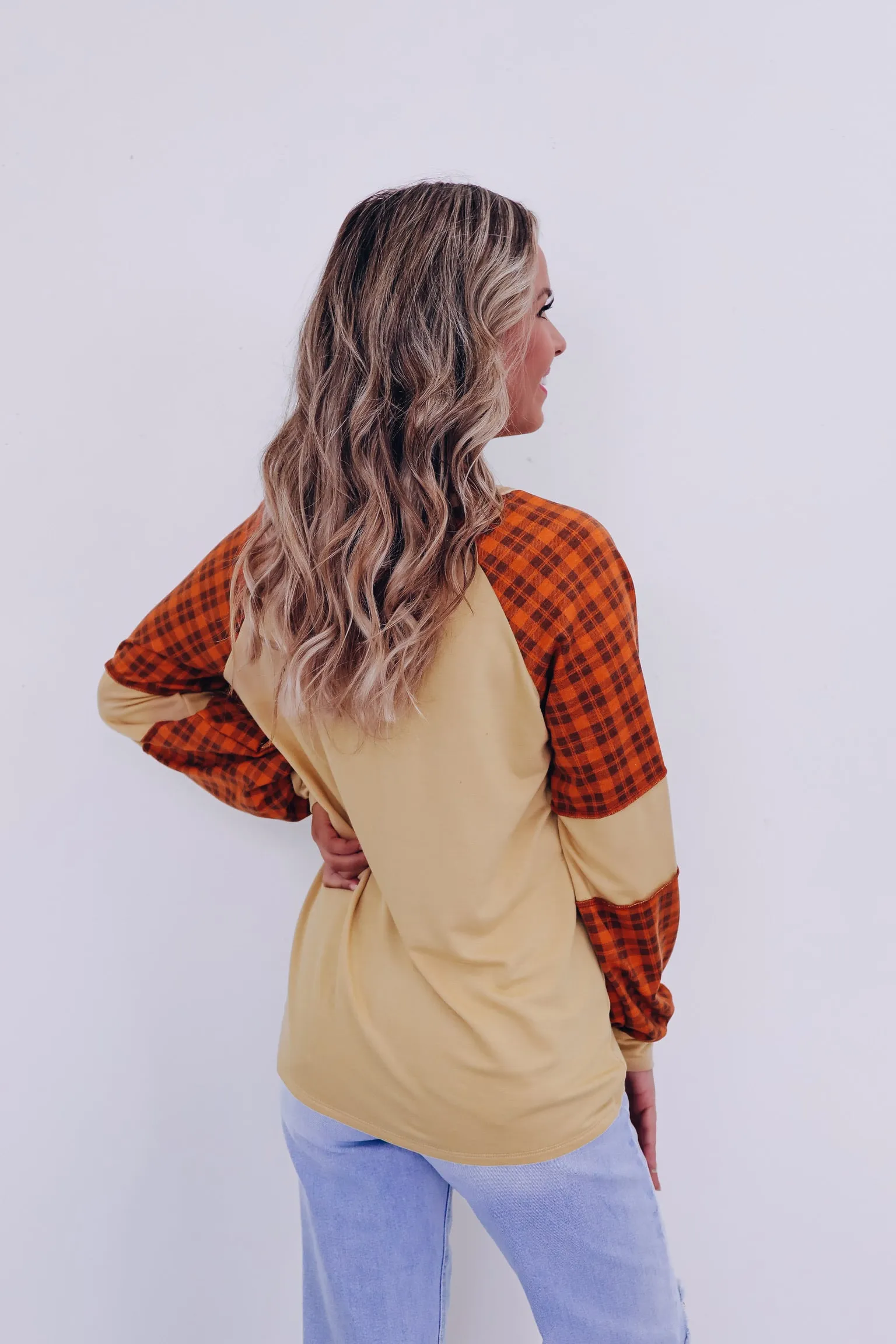 Pumpkin Plaid Color Block Top - Orange