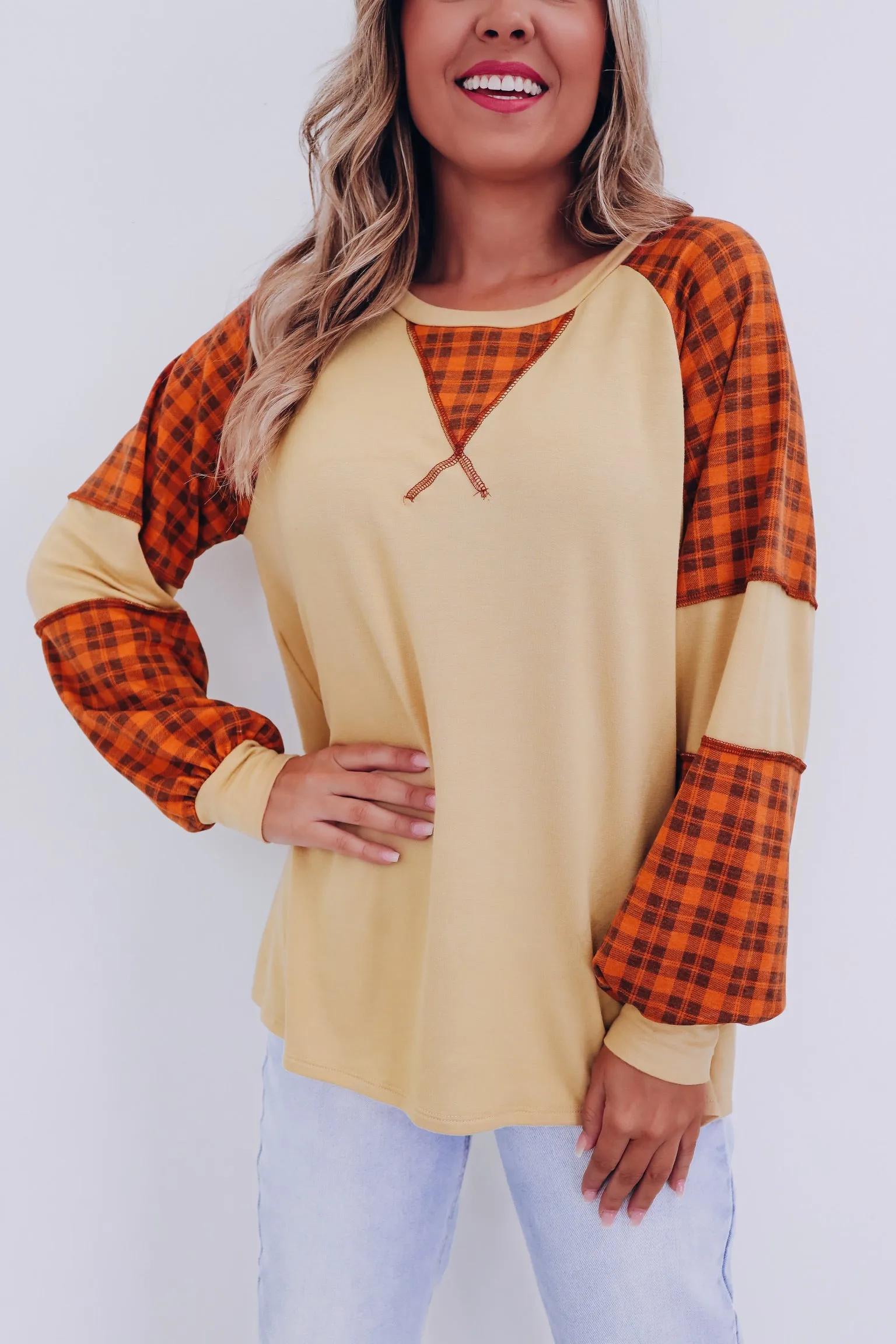 Pumpkin Plaid Color Block Top - Orange