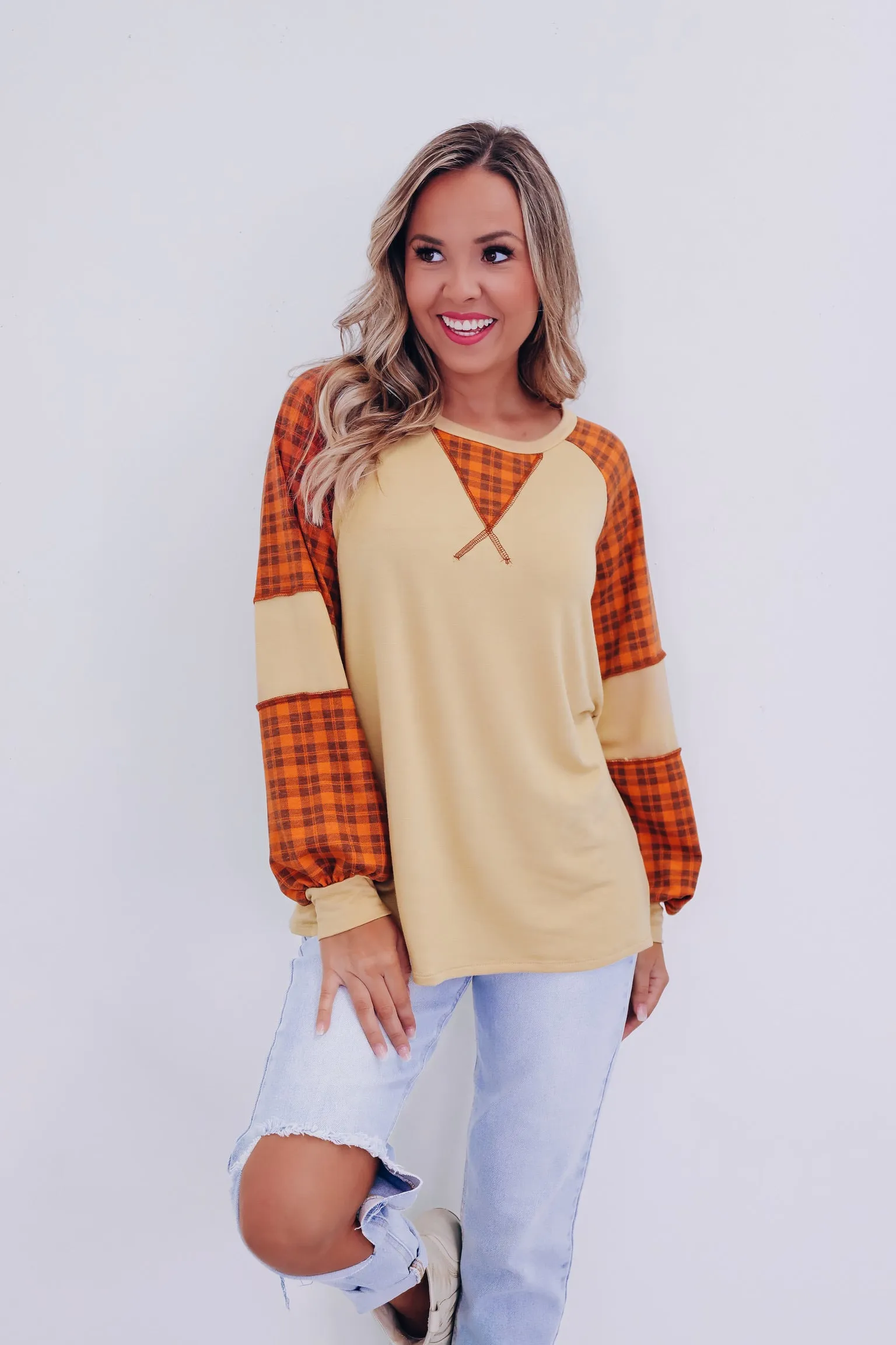 Pumpkin Plaid Color Block Top - Orange