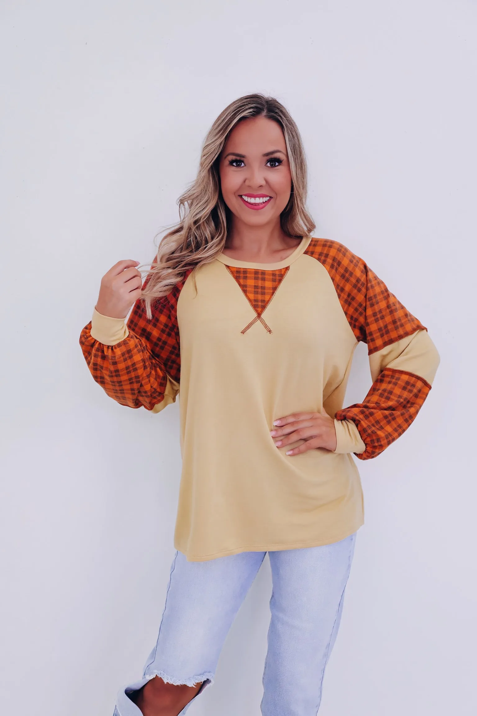 Pumpkin Plaid Color Block Top - Orange