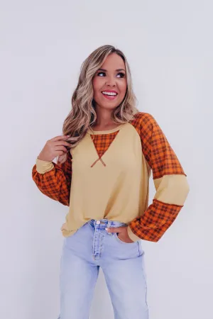 Pumpkin Plaid Color Block Top - Orange