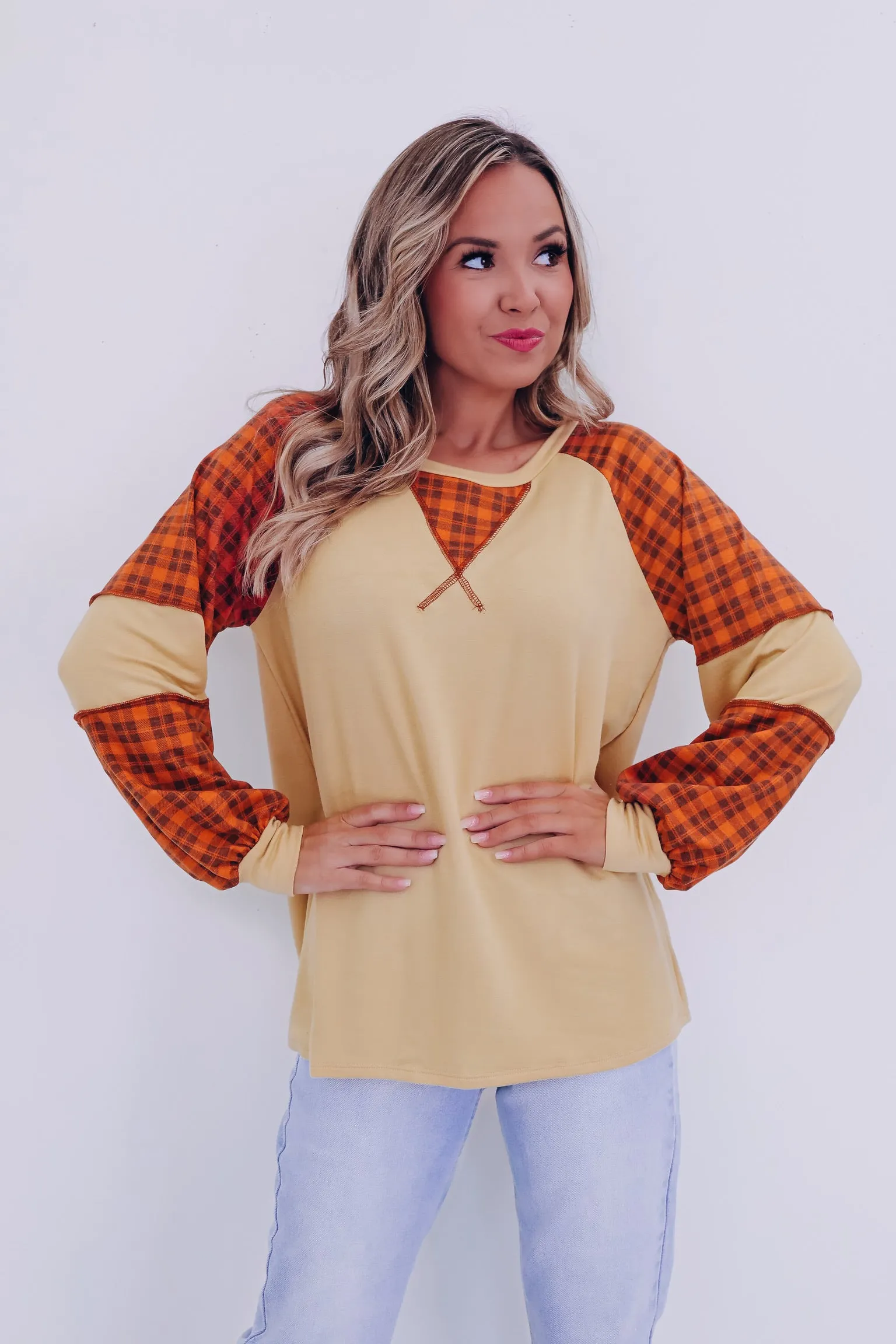 Pumpkin Plaid Color Block Top - Orange