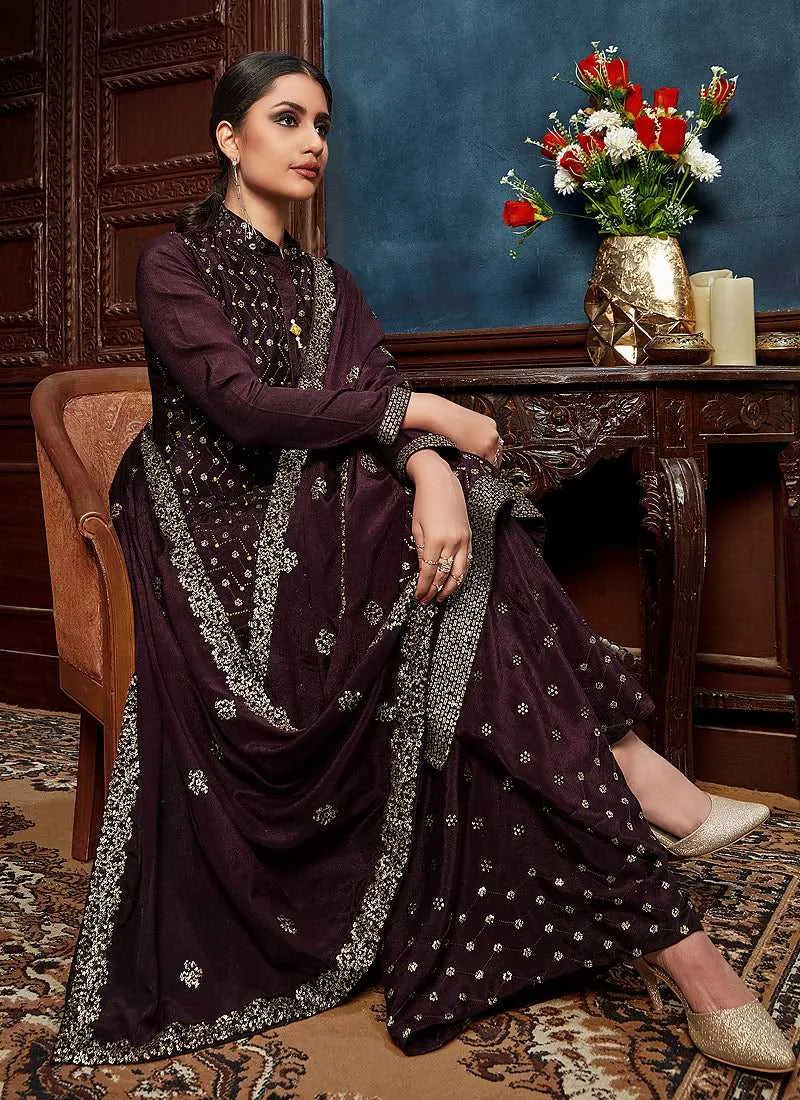 Purple Heavy Embroidered Sequins Work Designer Palazzo Suit