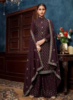 Purple Heavy Embroidered Sequins Work Designer Palazzo Suit