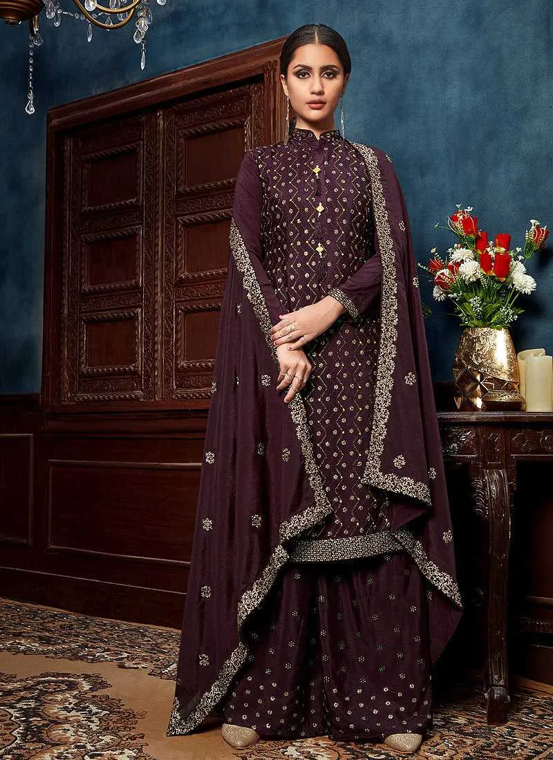 Purple Heavy Embroidered Sequins Work Designer Palazzo Suit