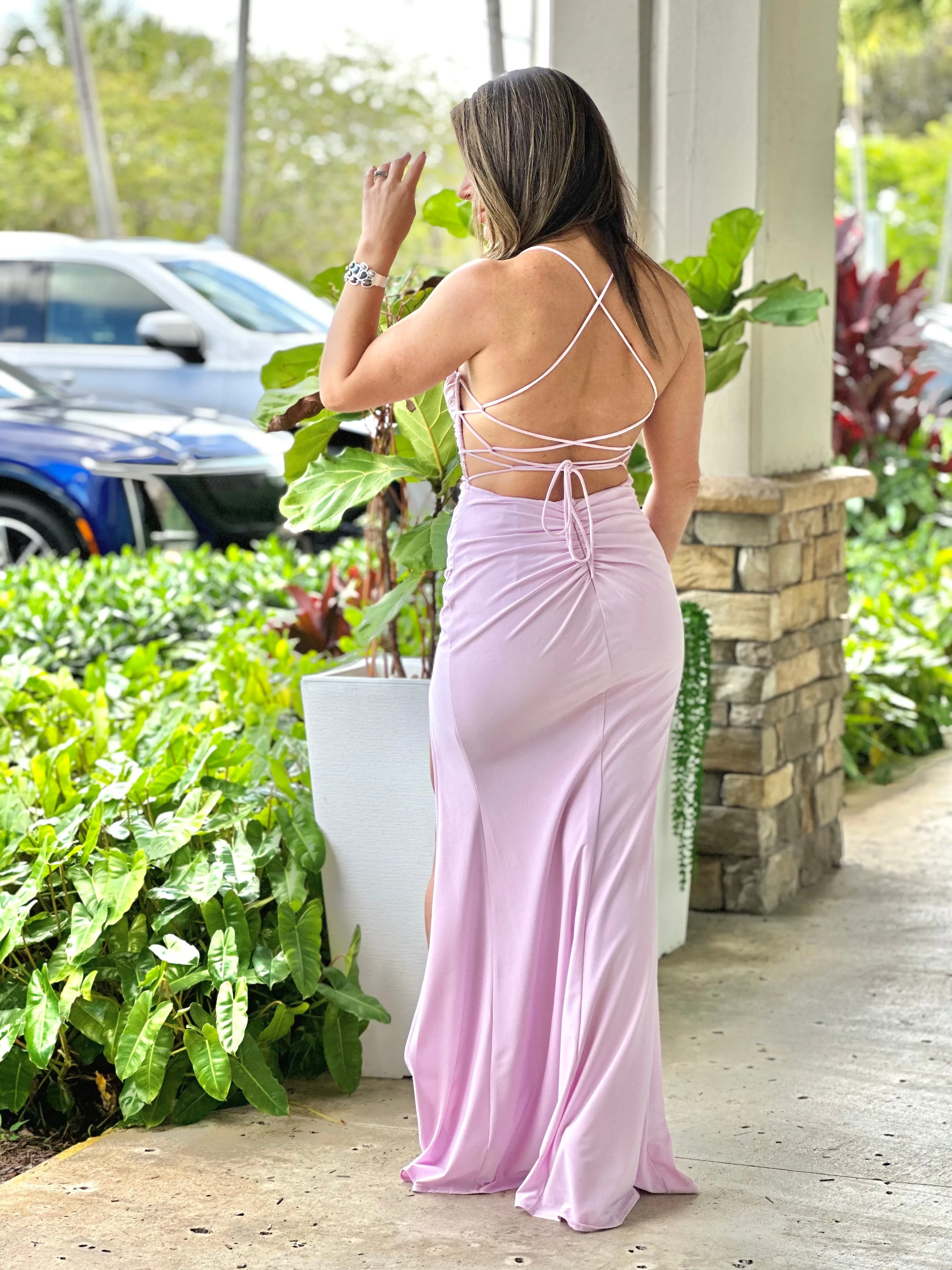 "Bella" Sleeveless Shirring Lace Up Back Maxi Dress