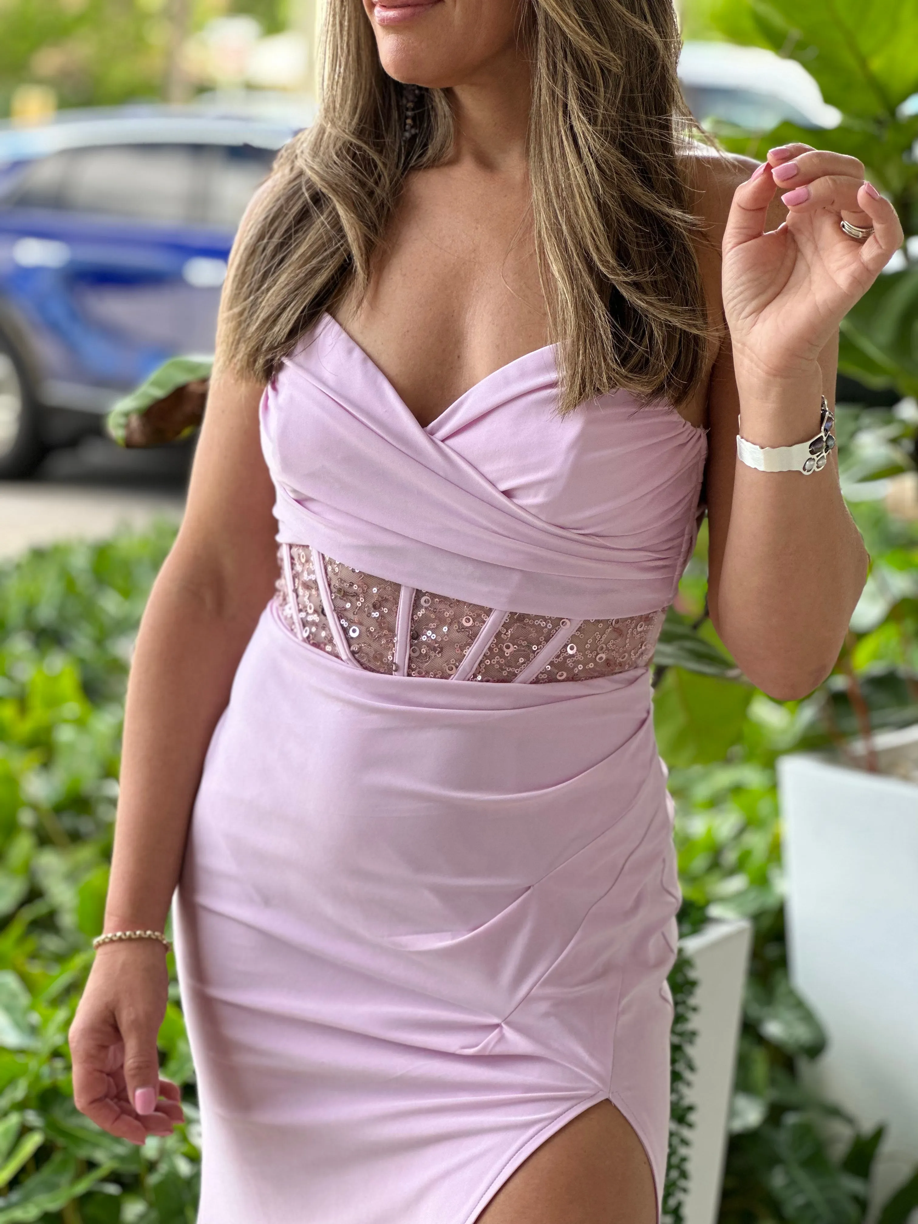 "Bella" Sleeveless Shirring Lace Up Back Maxi Dress