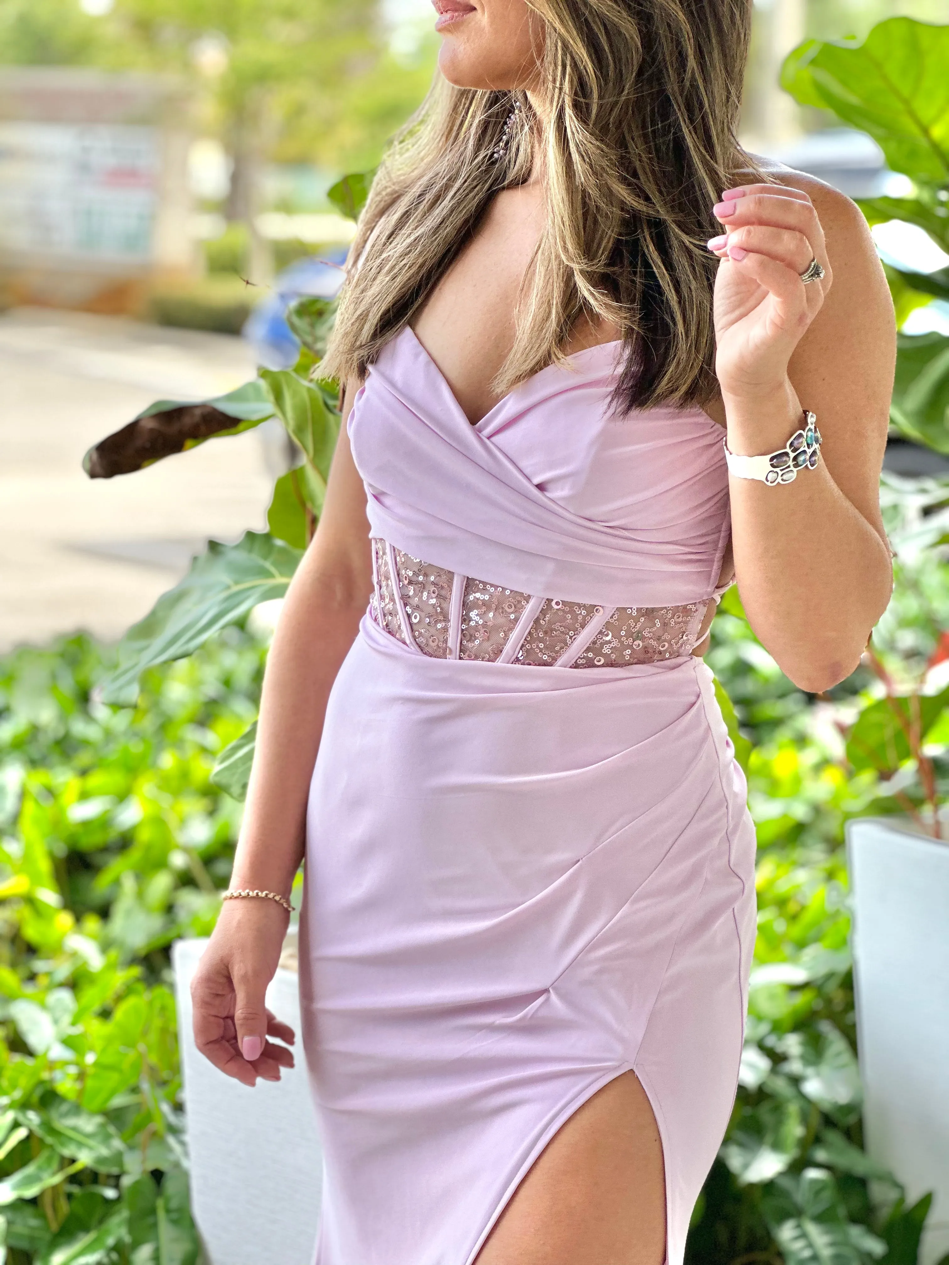 "Bella" Sleeveless Shirring Lace Up Back Maxi Dress