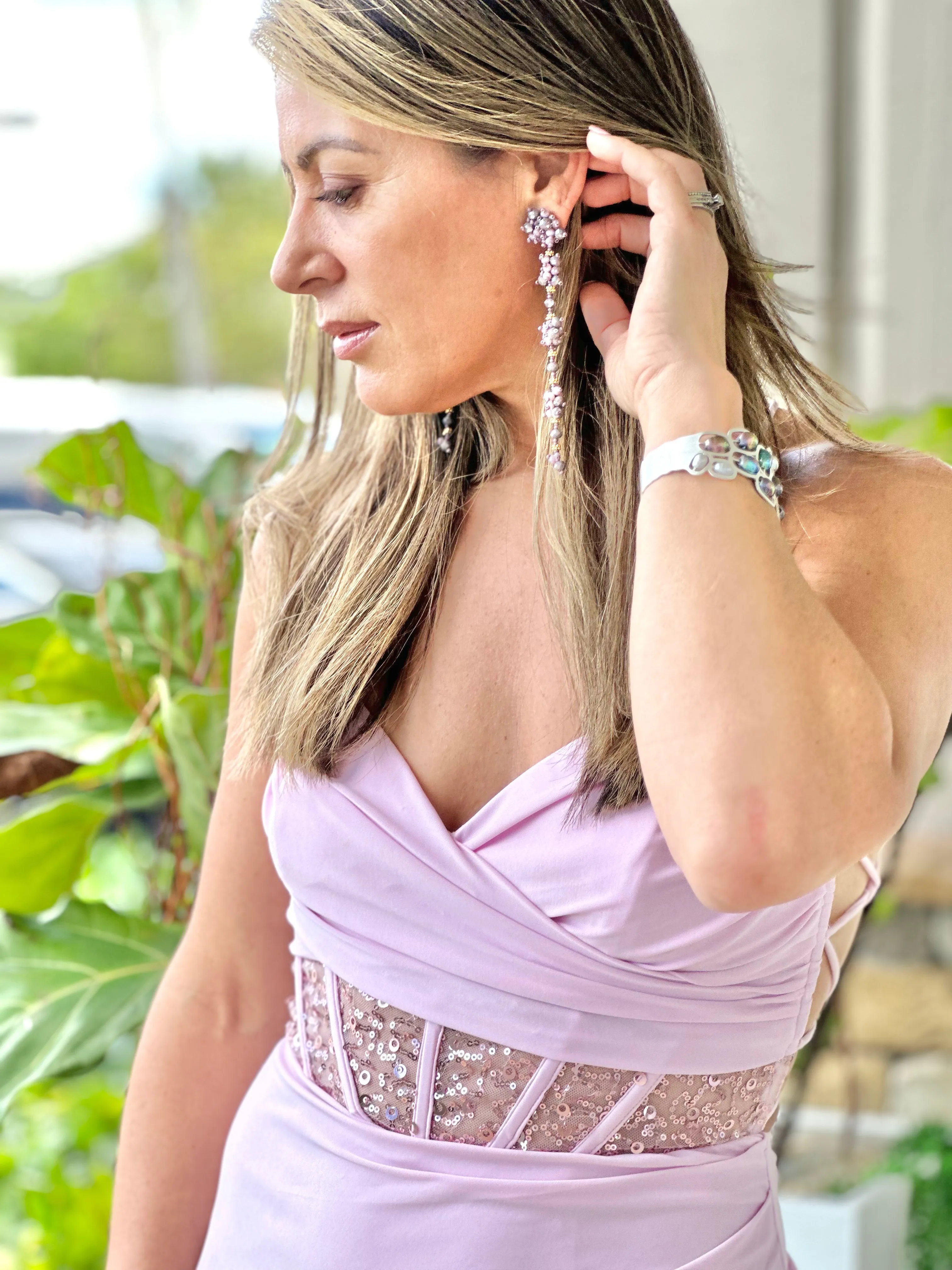 "Bella" Sleeveless Shirring Lace Up Back Maxi Dress