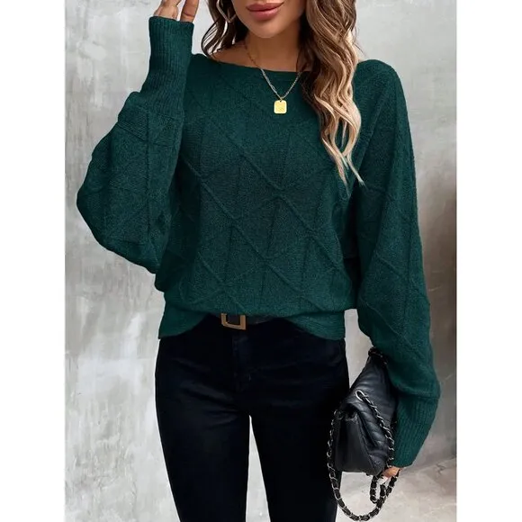 Ribbed knit crosshatch crewneck sweater batwing white