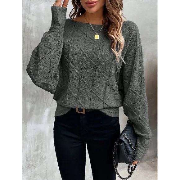 Ribbed knit crosshatch crewneck sweater batwing white