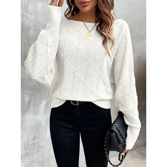 Ribbed knit crosshatch crewneck sweater batwing white