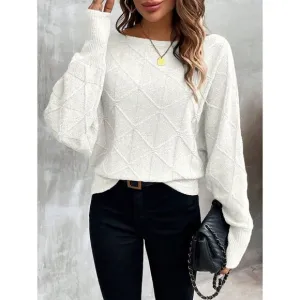 Ribbed knit crosshatch crewneck sweater batwing white
