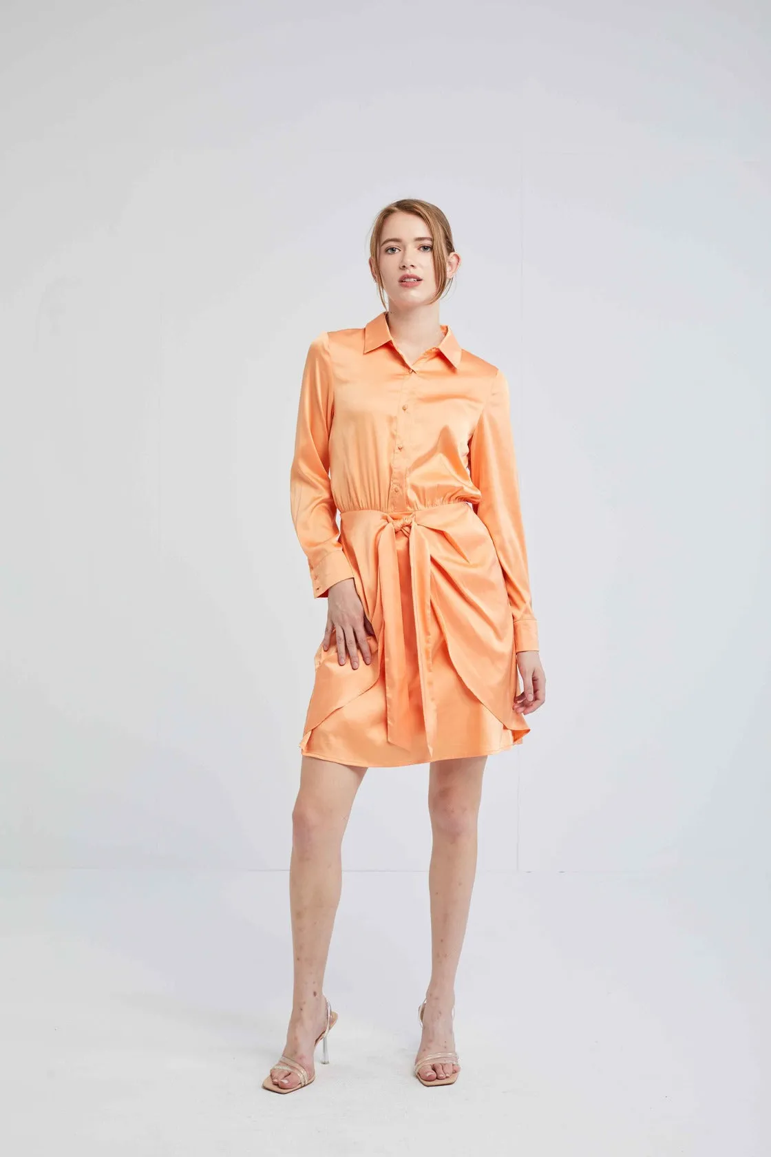 Satin finish Tie-front Shirt Dress