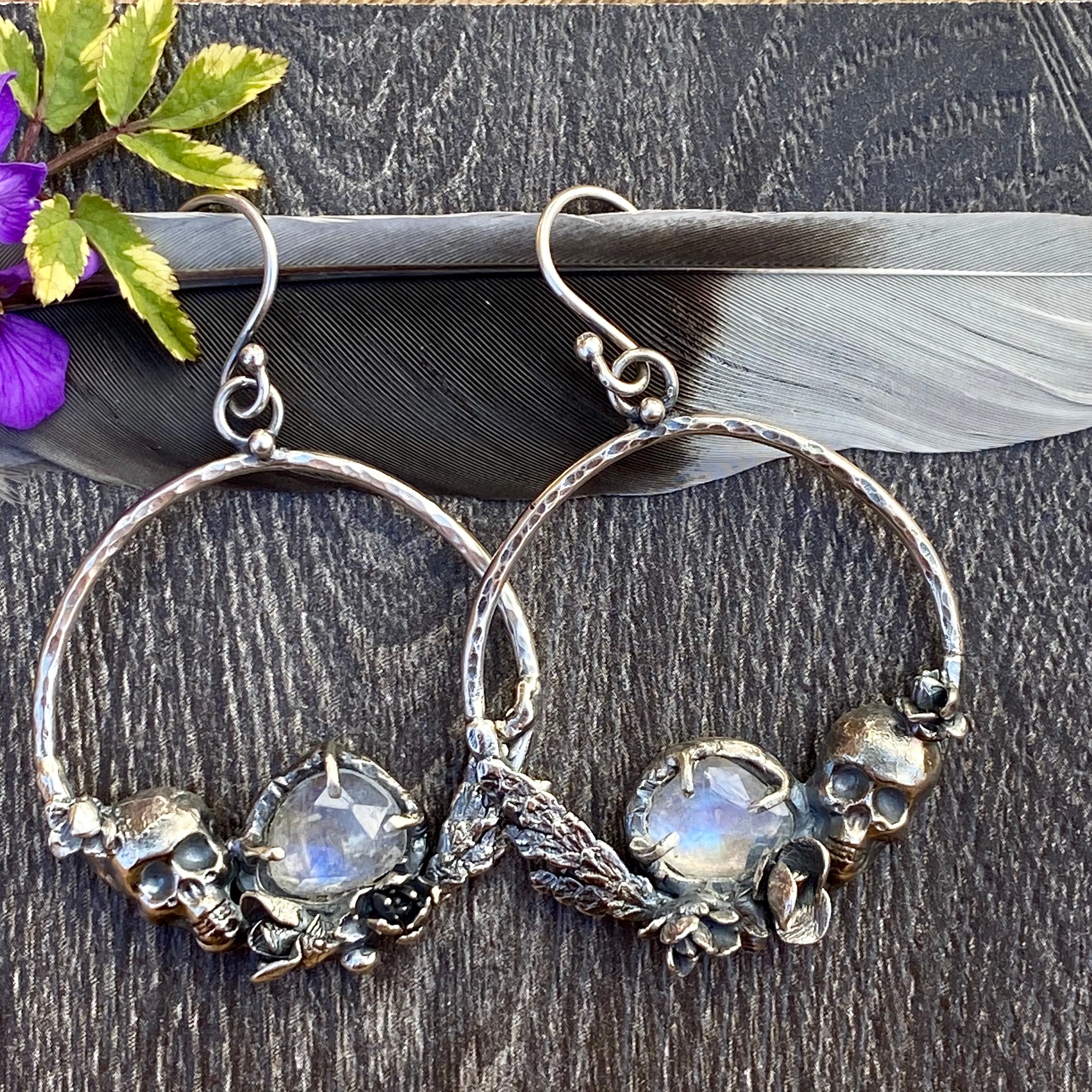 Skull & Succulent Moonstone hoop Earrings