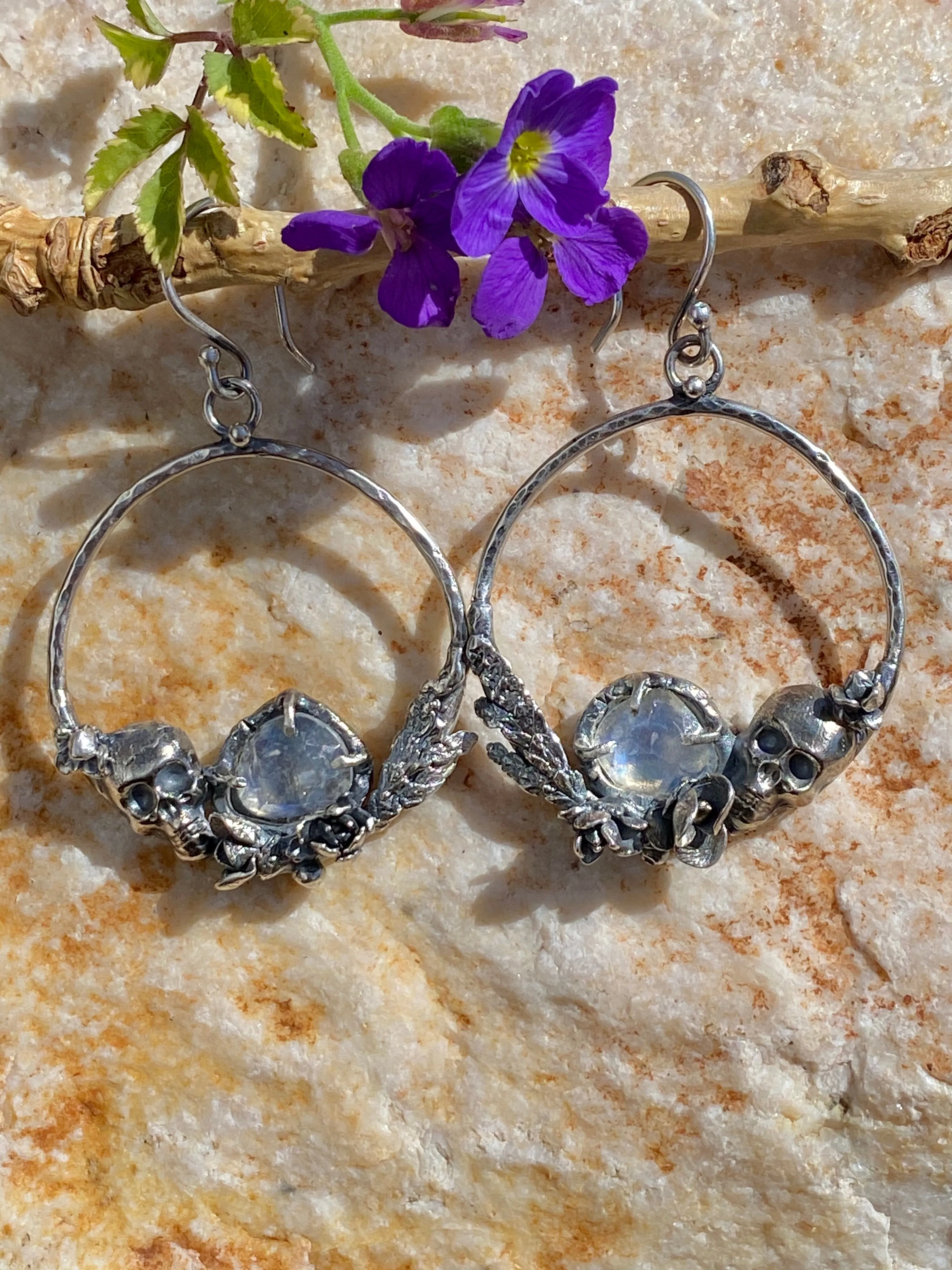 Skull & Succulent Moonstone hoop Earrings