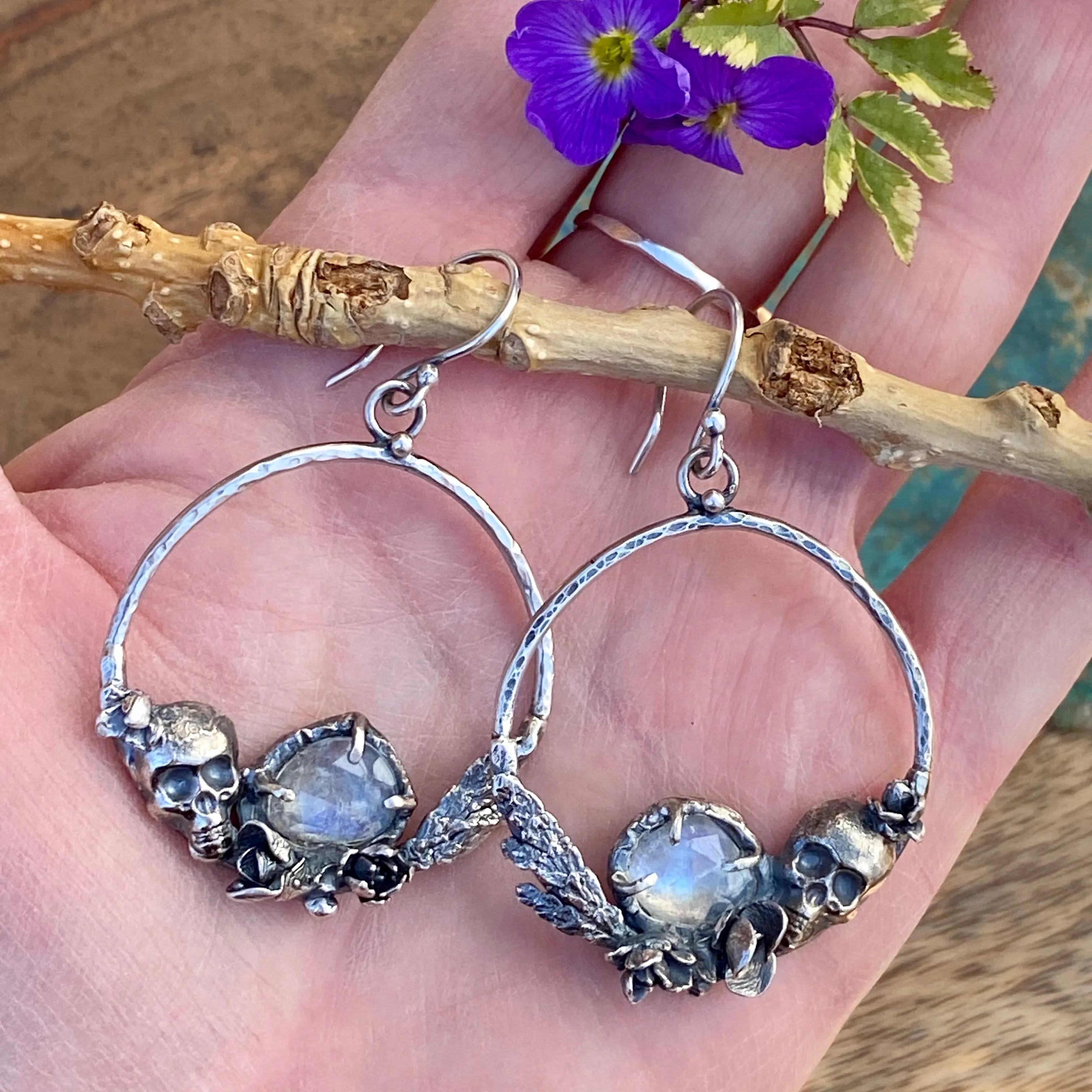 Skull & Succulent Moonstone hoop Earrings