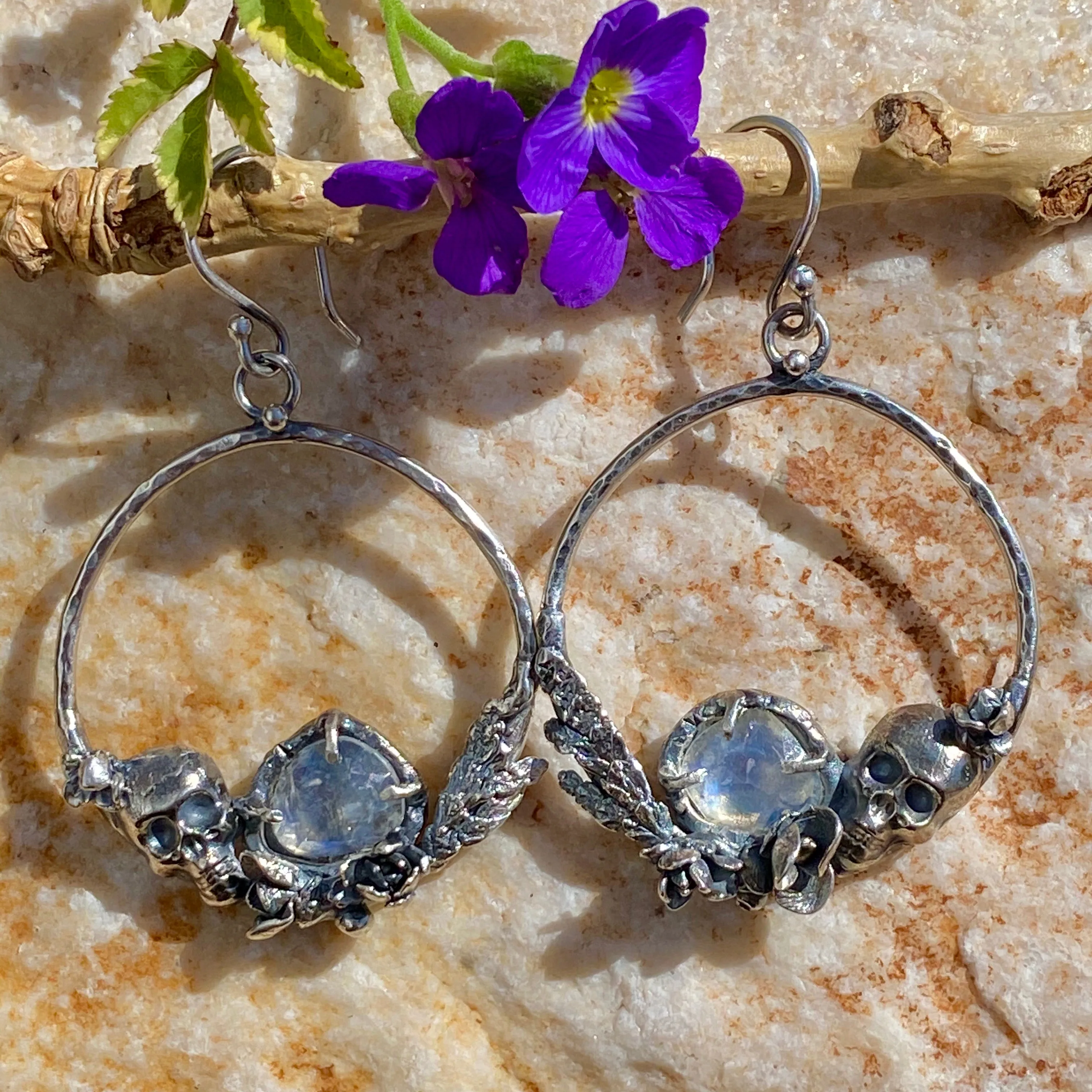 Skull & Succulent Moonstone hoop Earrings