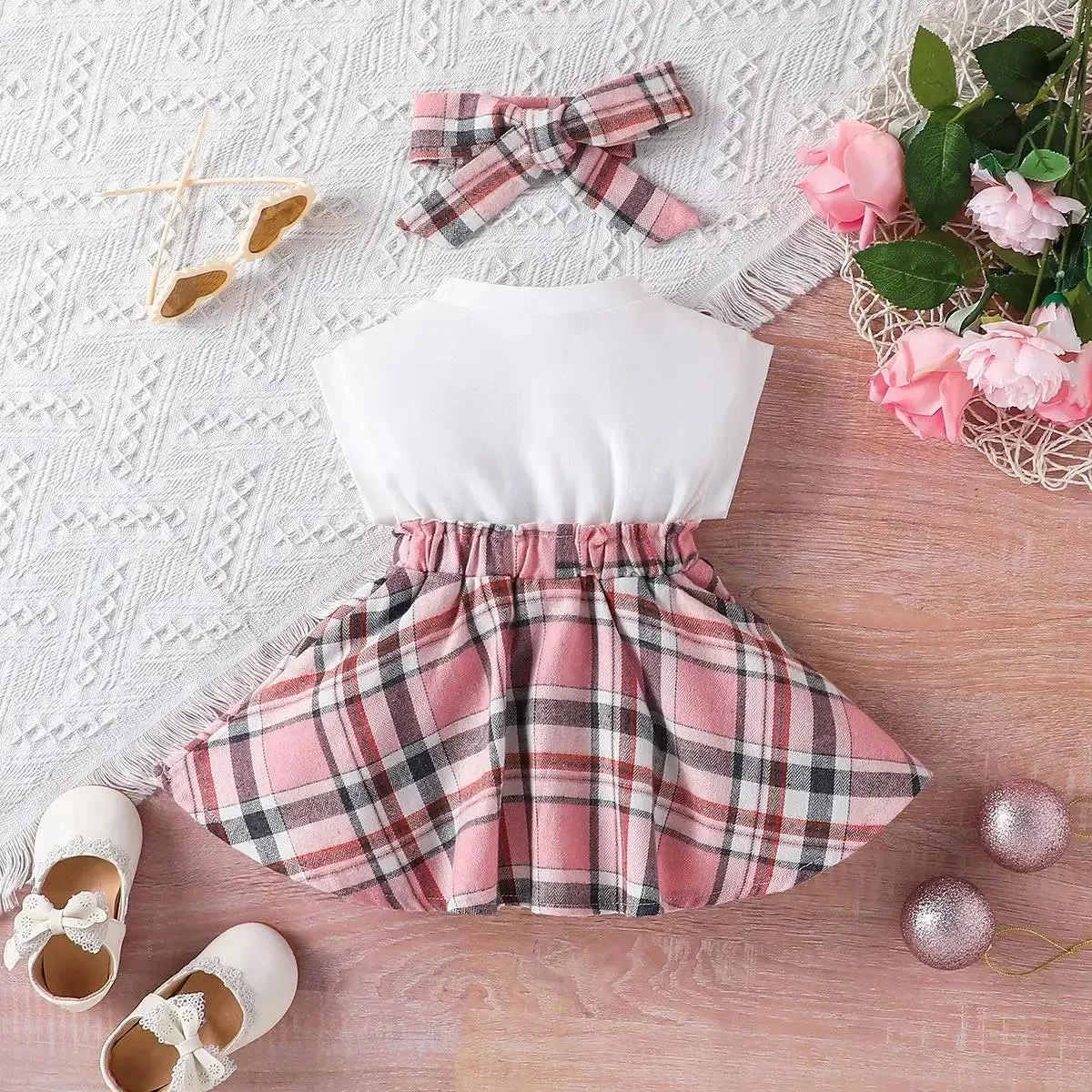 Sleeveless Spliced Plaid Dress & Headband Set
