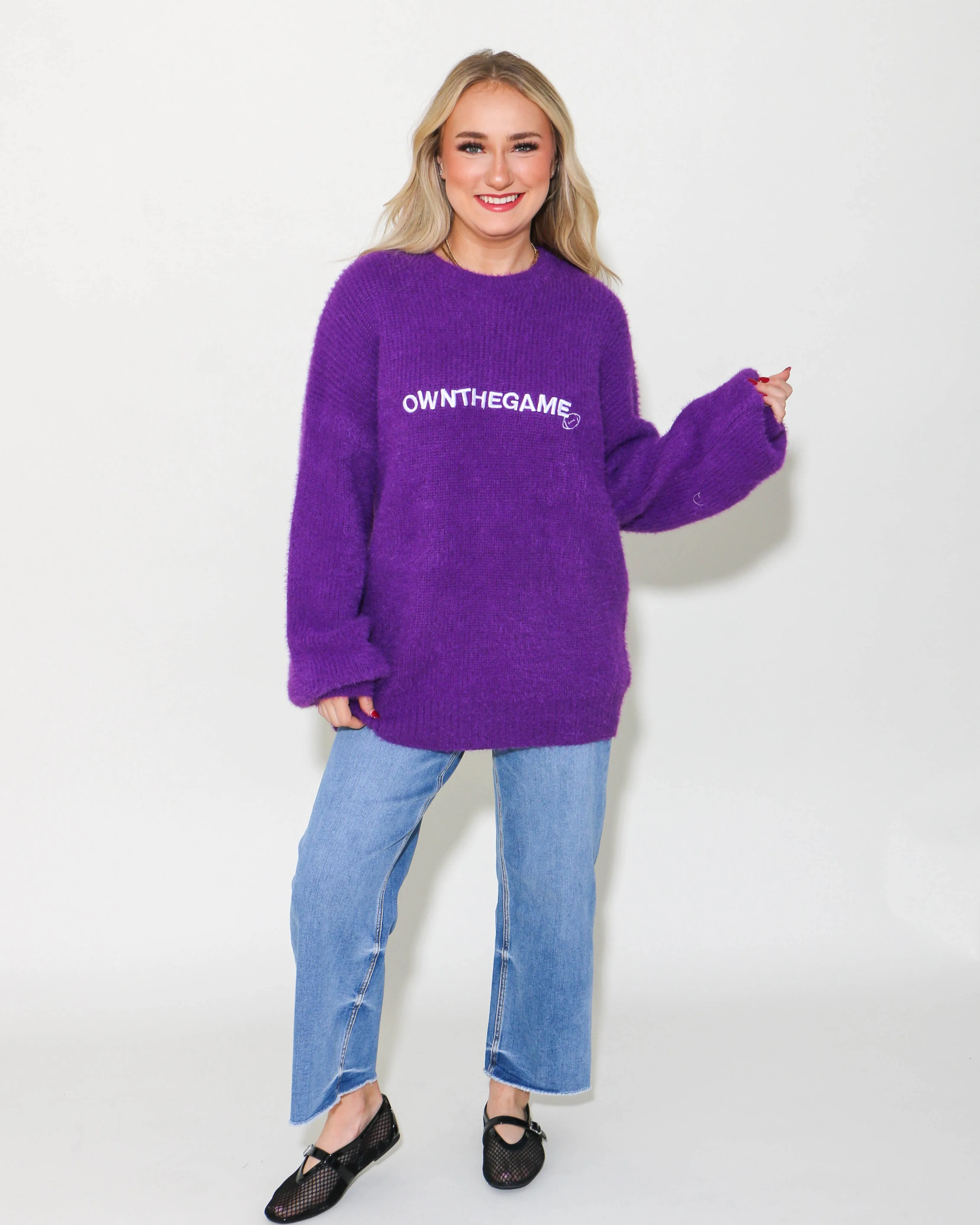 Slouchy Fuzzy Knit Football Sweater in Purple