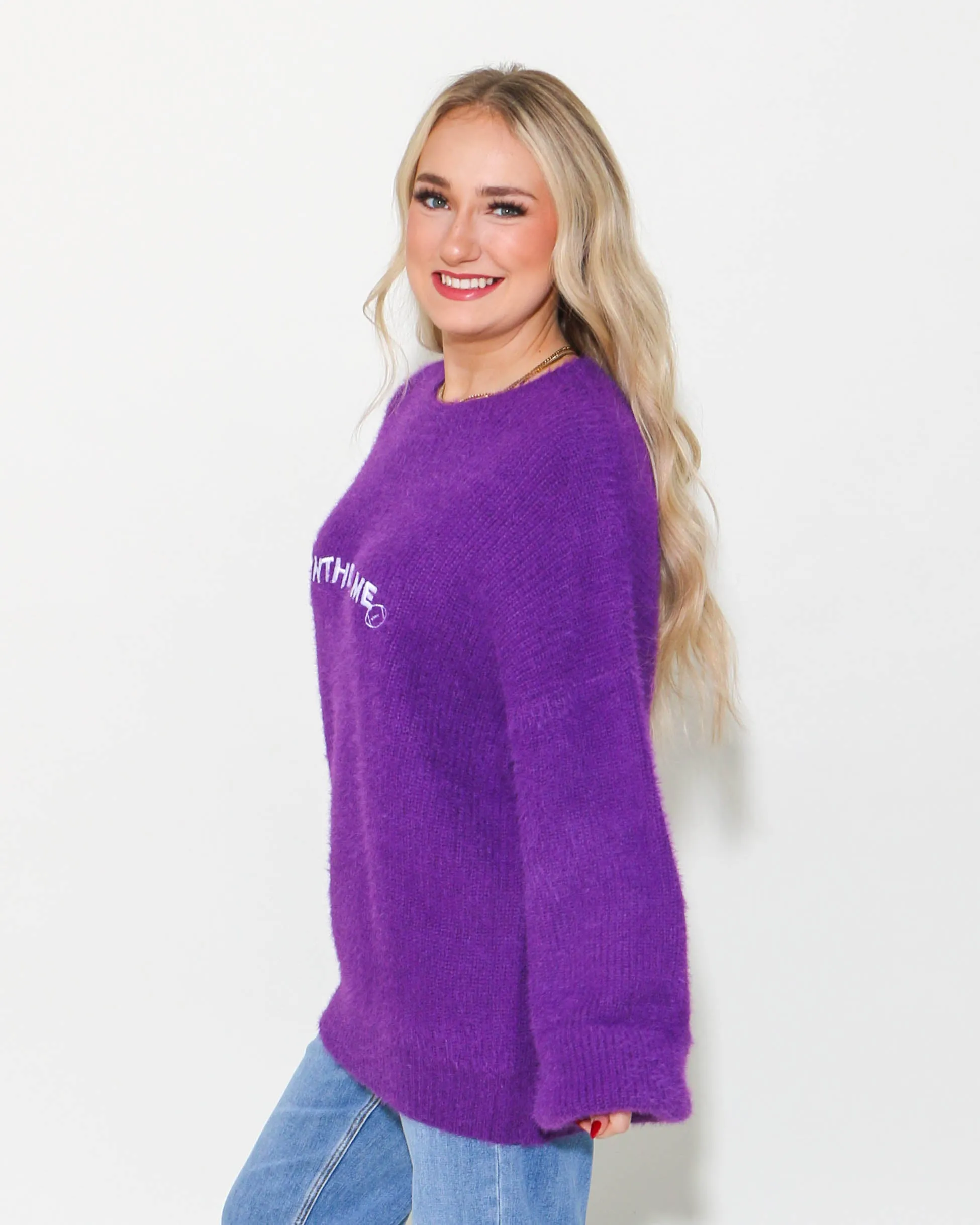 Slouchy Fuzzy Knit Football Sweater in Purple